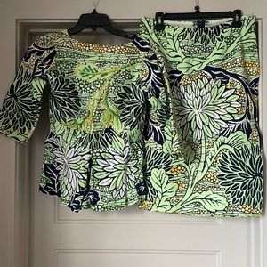 Skirt & jacket green lime white & black with breads on the jacket handmade